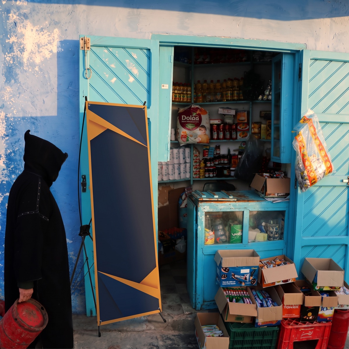X-Banner devant un commerce marocain